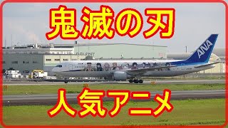 人気アニメ「鬼滅の刃」：全日空（ANA）と人気アニメ「鬼滅の刃」のタイアップ企画の特別塗装機が熊本空港に飛来しました。機体の両側面に鬼を退治する「鬼殺隊」の最高位「柱」の9人の姿をデザインされています